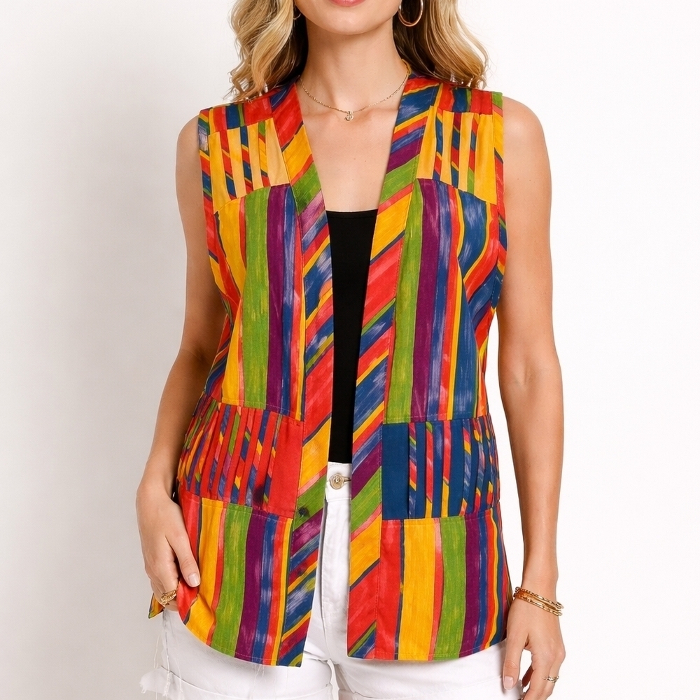 Vtg JO HARDIN 1980s Colorful Afrocentric Rainbow Striped Open Front Vest